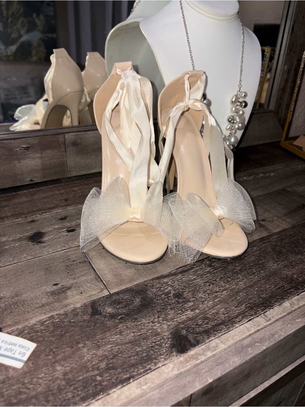 Tulle Mesh Bow Ankle Tie Stiletto Heels - Nude / Ivory - Size 37 (US 6.5) - Picture 11 of 11